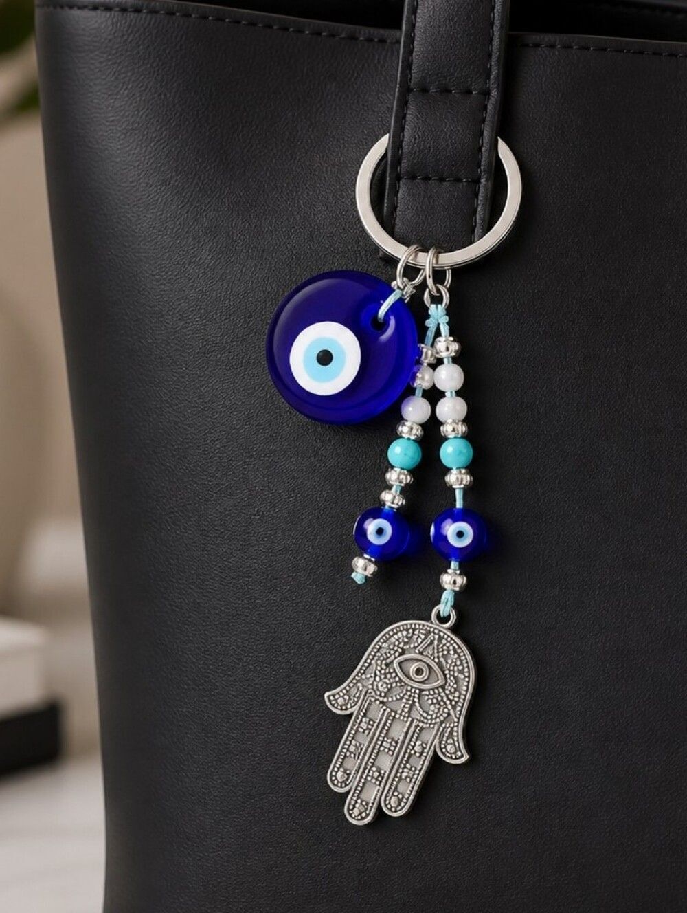 Hamsa Hand Evil Eye Keychain Turquoise Bead Charm Protection Bag Purse Backpack